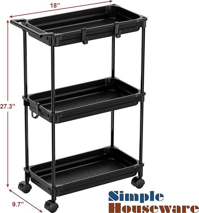 SimpleHouseware Standard 3-Tier Slim Rolling Storage Cart, Black - LeafyLoom