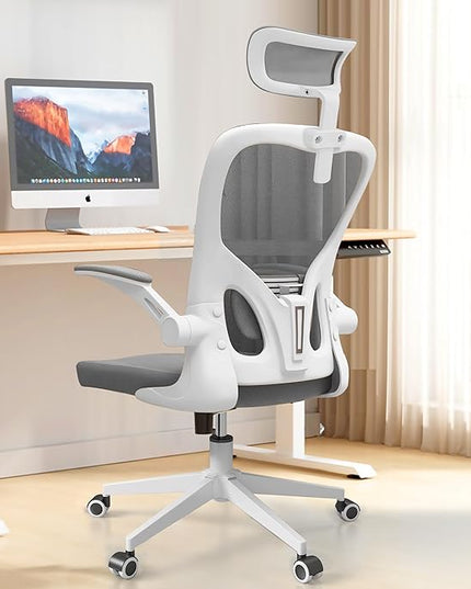 Office Chairs, Ergonomic Office Chair, Computer Chair with Adjustable Headrest, Lumbar Support, 2D Armrest, Metal Base and Iron Legs, White Frame Grey Mesh Office Chair - LeafyLoom