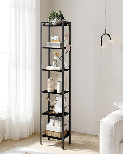 Bookshelf, Book Shelf, Industrial Bookcase with 2 Hooks, Coner Shelf Storage Organizer for Home Office, Living Room, Bedroom, Kitchen, 6-Tier Black BC10704B - LeafyLoom