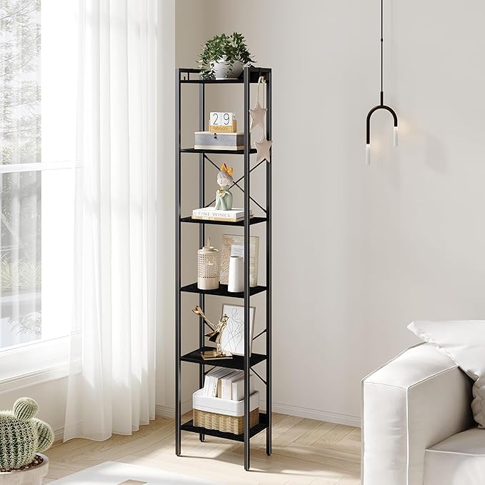 Bookshelf, Book Shelf, Industrial Bookcase with 2 Hooks, Coner Shelf Storage Organizer for Home Office, Living Room, Bedroom, Kitchen, 6-Tier Black BC10704B - LeafyLoom
