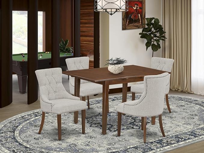 East West Furniture Picasso 5 Piece Kitchen Set for 4 Includes a Rectangle Dining Table with Butterfly Leaf and 4 Doeskin Linen Fabric Parson Chairs, 32x60 Inch, Mahogany - LeafyLoom