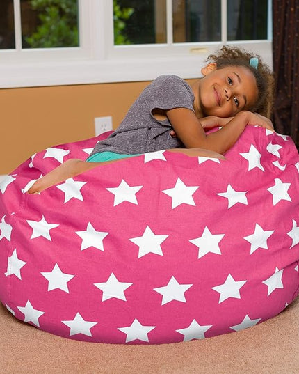Posh Creations Bean Bag Chair for Kids, Teens, and Adults Includes Removable and Machine Washable Cover, 38in - Large, Canvas White Stars on Pink - LeafyLoom