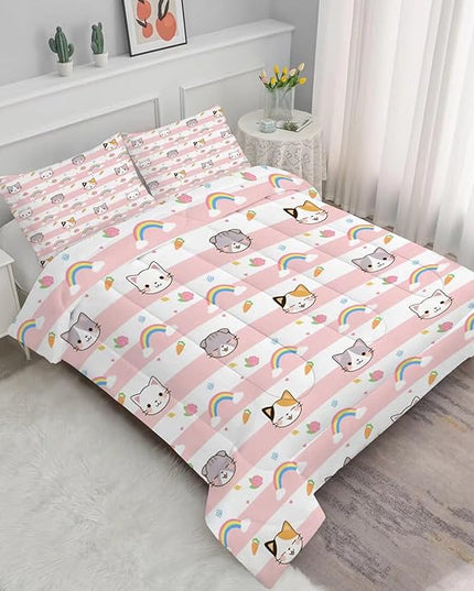 Cat Bedding Twin Size Pink Plaid Rainbow Comforter Set for Girls Kids Children Cloud Cute Kawaii Boho Bedroom Dorm Quilt 1 Comforter + 1 Pillow Case - LeafyLoom
