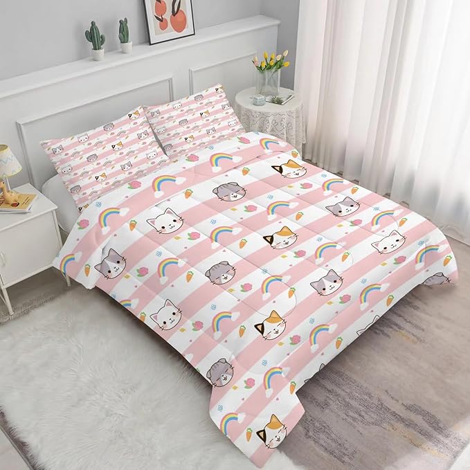 Cat Bedding Twin Size Pink Plaid Rainbow Comforter Set for Girls Kids Children Cloud Cute Kawaii Boho Bedroom Dorm Quilt 1 Comforter + 1 Pillow Case - LeafyLoom