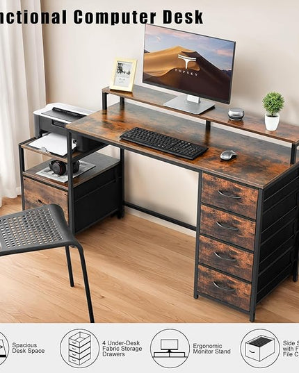 TOPSKY Compact Computer Desk with Storage Shelf/Cloth File Drawer for Letter Size/Monitor Stand Study Table for Home Office (Bamboo, 61.6 inch) - LeafyLoom