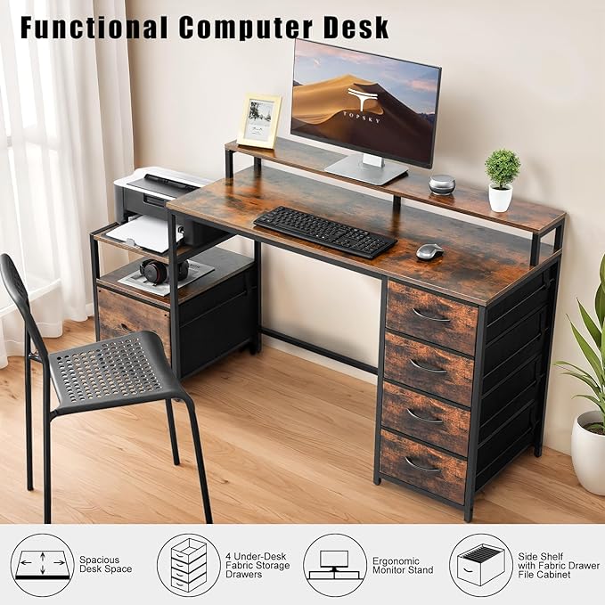 TOPSKY Compact Computer Desk with Storage Shelf/Cloth File Drawer for Letter Size/Monitor Stand Study Table for Home Office (Rustic Brown, 61.6 inch) - LeafyLoom