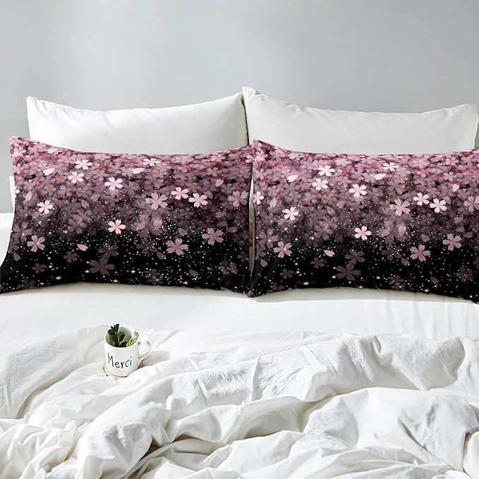 Erosebridal Cherry Blossom Comforter Set King Size, Pink Flower Down Comforter, Petal Floral Quilted Duvet, Starry Sky Glitter Girly Warm Duvet Insert, Bedroom Living Dorm Room Decorative - LeafyLoom