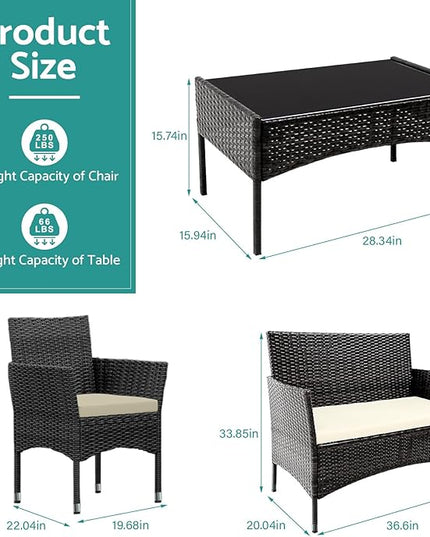 Patio Furniture, 4 Piece Conversation Set, Outdoor Wicker Rattan Table and Chairs, Sectional Sofa with Thick Cushion for Garden, Yard, or Porch, Dark Black - LeafyLoom