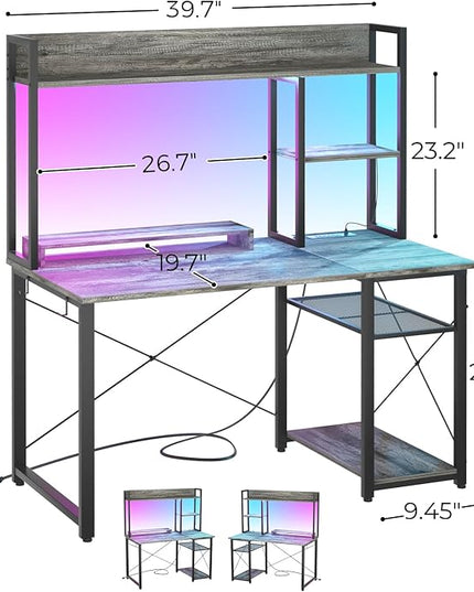 Cyclysio Gaming Desk with Hutch, 39'' Computer Desk with LED Lights & Power Outlets, Home Office Desk with Reversible 5 Tiers Storage Shelves & Monitor Stand, Small Gaming Table for Small Space, Grey - LeafyLoom