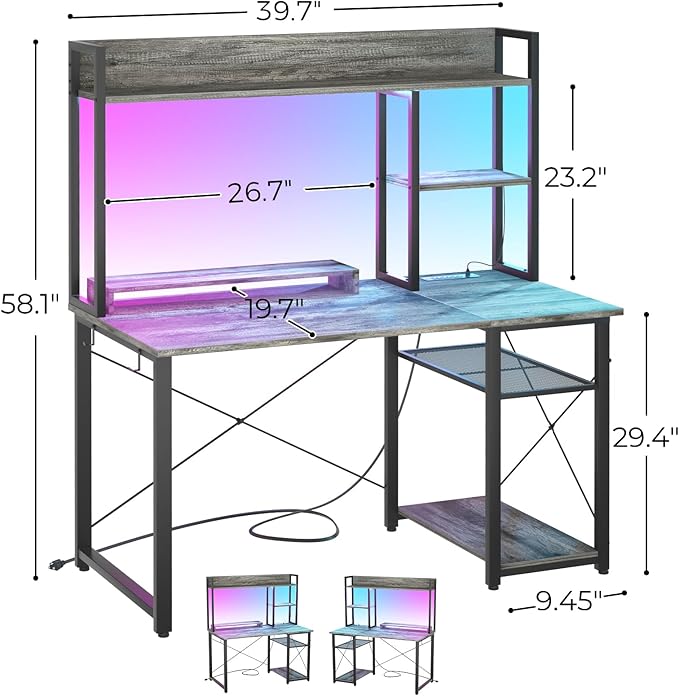Cyclysio Gaming Desk with Hutch, 39'' Computer Desk with LED Lights & Power Outlets, Home Office Desk with Reversible 5 Tiers Storage Shelves & Monitor Stand, Small Gaming Table for Small Space, Grey - LeafyLoom