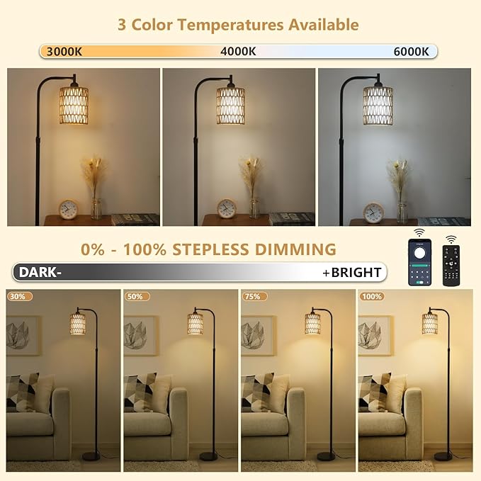 Floor Lamp with Remote, Dimmable Rattan Floor Lamp with LED Bulb, Industrial Black Tall Pole Lamp with Rattan & Fabric Shades, Boho Farmhouse Standing Lamps for Living Room Bedroom Office - LeafyLoom