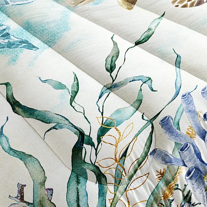 CVHOUSE Ocean Watercolor Sea Turtle Comforter Set, Queen Size, 1 Comforter, 2 Pillowcases, Polyester, for Adult, Teen, Kid, Modern Style, Unisex, Winter, Fall, Spring, Machine Wash - LeafyLoom