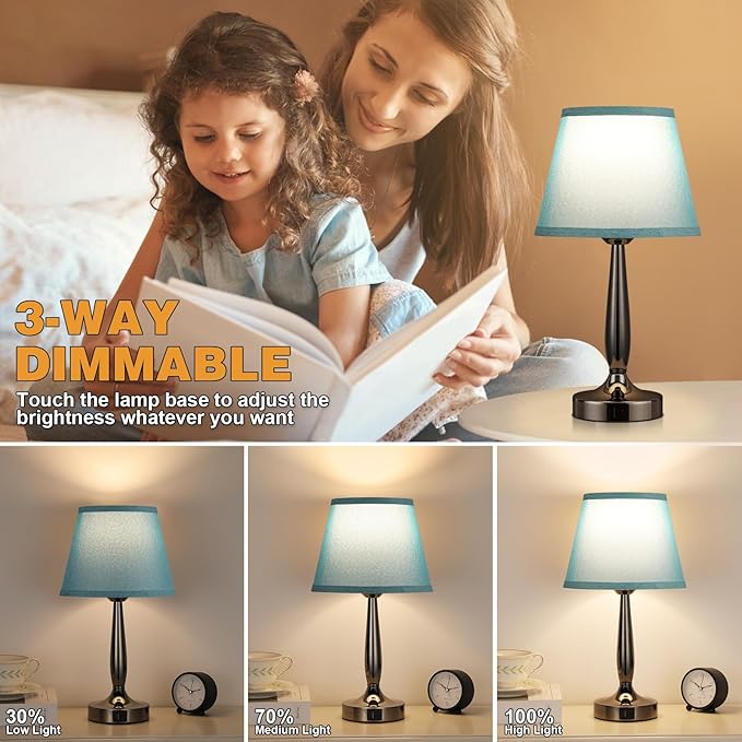 Touch Bedside Lamp for Bedroom with USB C Port, Small Touch Table Lamp with 2 USB Charging Ports, 3 Way Dimmable Nightstand Lamp for Living Room and Office - Turquoise Blue (LED Bulb Included) - LeafyLoom