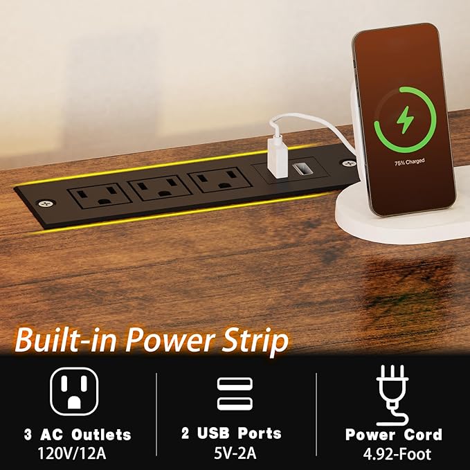 Computer Desk with Drawer and Power Outlets,55" Office Desk with Monitor Stand and Led Lights, Work Desk for Home Office,Sturdy Writing Desk with Shelves and 2 Headphone Hooks,Rustic Brown - LeafyLoom