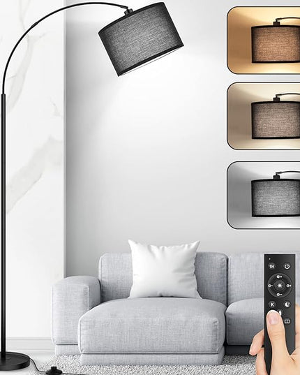 Arc Floor Lamps for Living Room, Modern Remote Control Standing Lamp with Stepless Dimmable, Black Tall Lamp with Black Drum Shade, Over Couch Arched Reading Light for Bedroom, Office(Bulb Included) - LeafyLoom