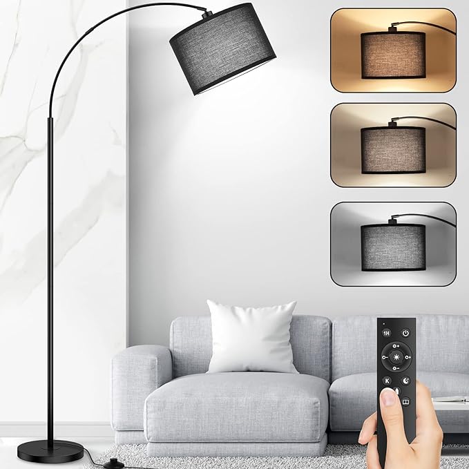 Arc Floor Lamps for Living Room, Modern Remote Control Standing Lamp with Stepless Dimmable, Black Tall Lamp with Black Drum Shade, Over Couch Arched Reading Light for Bedroom, Office(Bulb Included) - LeafyLoom
