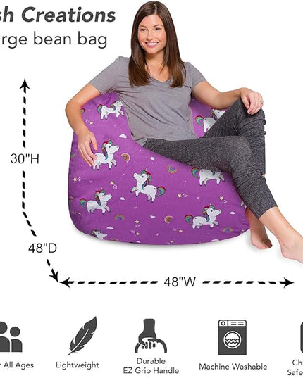 Posh Creations Bean Bag Chair for Kids, Teens, and Adults Includes Removable and Machine Washable Cover, 48in - X-Large, Canvas Unicorn and Rainbows on Purple - LeafyLoom
