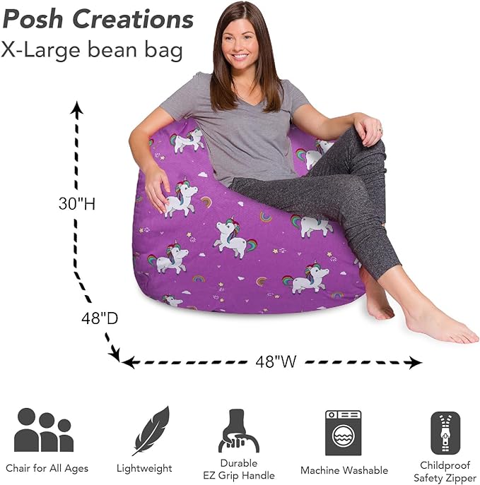 Posh Creations Bean Bag Chair for Kids, Teens, and Adults Includes Removable and Machine Washable Cover, 48in - X-Large, Canvas Unicorn and Rainbows on Purple - LeafyLoom