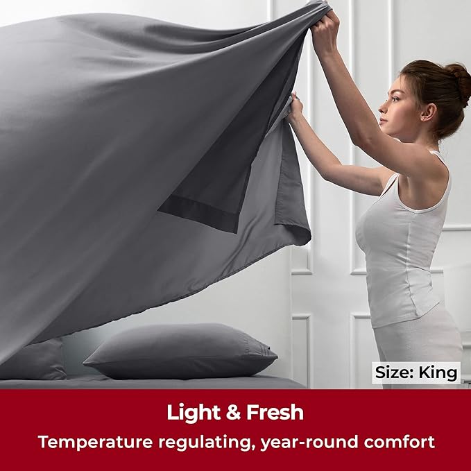 Mellanni King Sheets Set - 4 PC Iconic Collection Bedding Sheets & Pillowcases - Hotel Luxury, Extra Soft, Cooling Bed Sheets - Deep Pocket up to 16 inch (King, Gray) - LeafyLoom