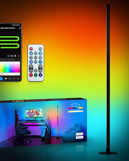 RGB Floor Lamp, LED Corner Lamp Works with Alexa, with Music Sync, with App and Remote Control, 16 Million Colors & 68+ Scene, Color Changing Standing Floor Lamp for Bedroom Living Room - LeafyLoom