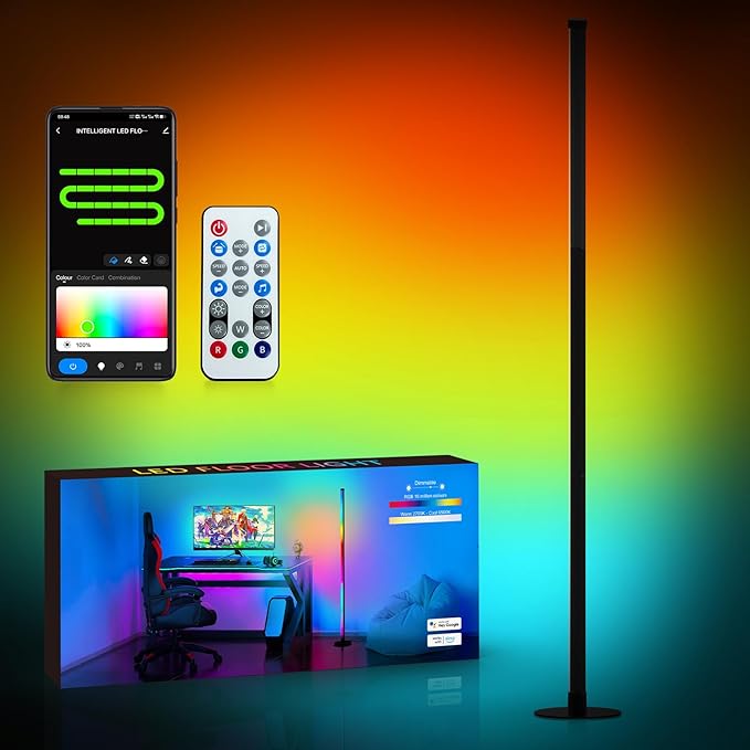 RGB Floor Lamp, LED Corner Lamp Works with Alexa, with Music Sync, with App and Remote Control, 16 Million Colors & 68+ Scene, Color Changing Standing Floor Lamp for Bedroom Living Room - LeafyLoom