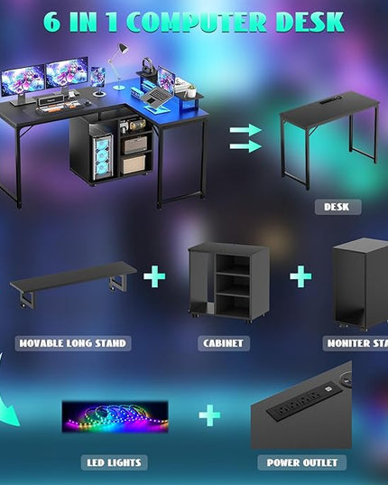 Cyclysio L Shaped Computer Desk, 58'' Reversible Gaming Desk with LED Strip & Adjustable Monitor Stand, Office Desk with Black Cabinet & Outlets, Corner Desk 2 Person Writing Study Table, Black - LeafyLoom