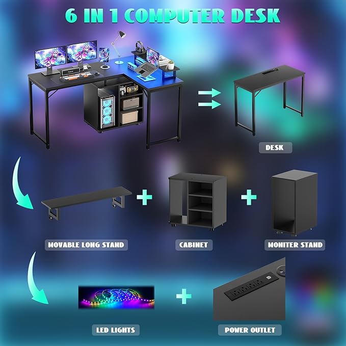 Cyclysio L Shaped Computer Desk, 58'' Reversible Gaming Desk with LED Strip & Adjustable Monitor Stand, Office Desk with Black Cabinet & Outlets, Corner Desk 2 Person Writing Study Table, Black - LeafyLoom