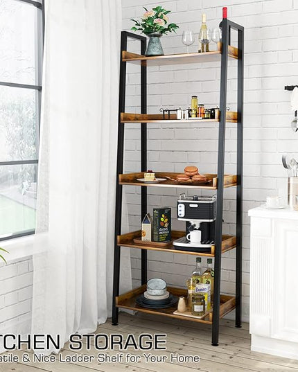 ASTARTH Ladder Shelf-5 Tier Bookshelves w/Open Shelf for Storage, Industrial Bookshelf & Tall Ladder Shelf-Metal Frame for Bedroom, Living Room, Kitchen-67.3'' H, Easy Assembly, Rustic Brown - LeafyLoom