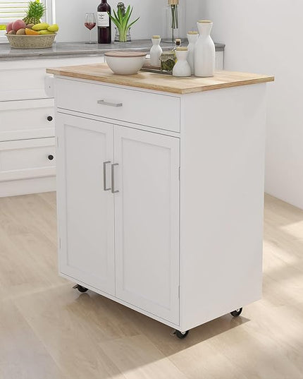 Kitchen Island with Storage, 32" kitchen Island Cart with Drawer and Adjustable Shelf, Rolling Kitchen Island with Towel Rack and Rubber Wood Table Top for Dining Room, Living Room, White - LeafyLoom