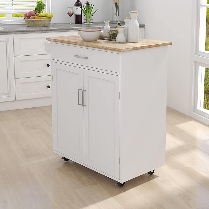 Kitchen Island with Storage, 32" kitchen Island Cart with Drawer and Adjustable Shelf, Rolling Kitchen Island with Towel Rack and Rubber Wood Table Top for Dining Room, Living Room, White - LeafyLoom