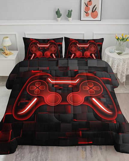 Axolotl Gamepad Comforter Set Queen Size,Red Grid Print Bedding Set,Boys Gaming Console Comforter Set,Video Gaming controller Bedding Set for Teens Men Adults,1 Quilt 2 Pillowcases,Red Black - LeafyLoom