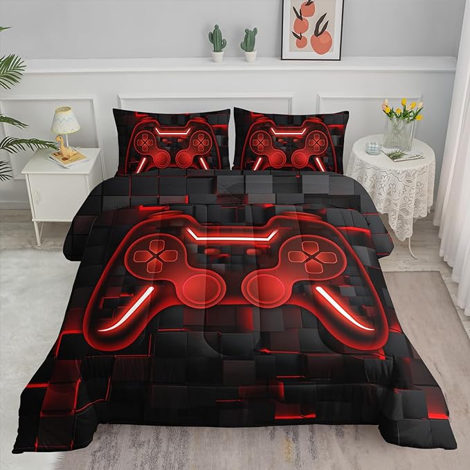 Axolotl Gamepad Comforter Set Twin Size,Red Grid Print Bedding Set,Boys Gaming Console Comforter Set,Video Gaming controller Bedding Set for Teens Men Adults,1 Quilt 2 Pillowcases,Red Black - LeafyLoom
