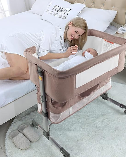 3in1 Bedside Crib for Girl or Boy, Bedside Sleeper for Baby Portable and Adjustable Crib with Mosquito net for Newborn Baby,Deep Khaki - LeafyLoom