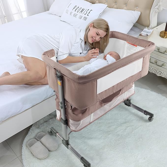 3in1 Bedside Crib for Girl or Boy, Bedside Sleeper for Baby Portable and Adjustable Crib with Mosquito net for Newborn Baby,Deep Khaki - LeafyLoom