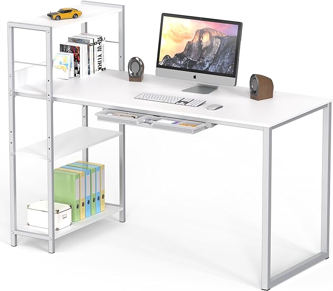SHW 46-Inch Mission Desk with Side Shelf, 24" Deep, White - LeafyLoom