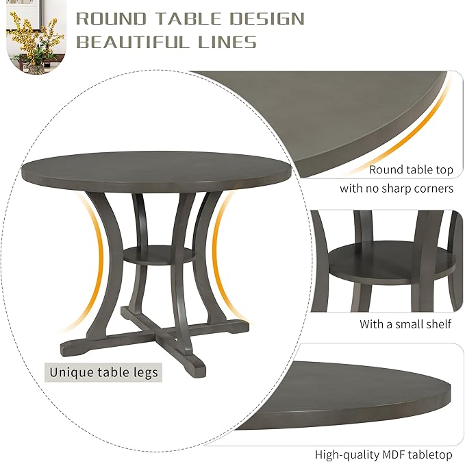 5-Piece Dinette Sets includes Round Kitchen Dining Table & 4 Fabric Chairs with Special-shaped Legs and Storage Shelf, for Diningroom Living Room, Easy to Assemble, Gray 3 - LeafyLoom