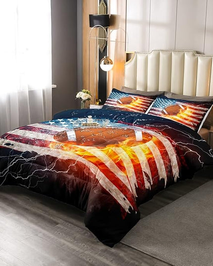 Boys American Football Comforter Set, United States Flag Down Comforter Twin Size, Soccer Sports Games Bedding Set for Kids Teens Adult Men, Geometric Stripes Retro Duvet Sets, Blue White and Red - LeafyLoom