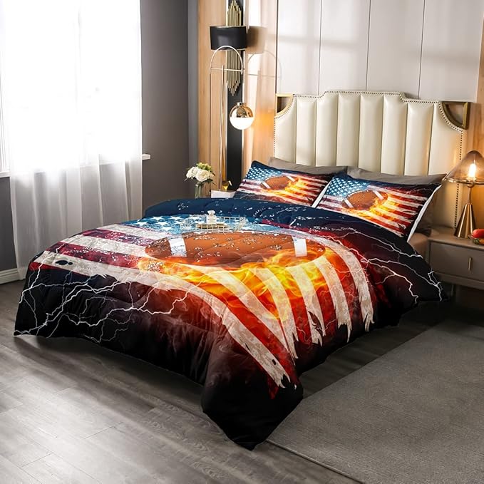 Boys American Football Comforter Set, United States Flag Down Comforter Twin Size, Soccer Sports Games Bedding Set for Kids Teens Adult Men, Geometric Stripes Retro Duvet Sets, Blue White and Red - LeafyLoom