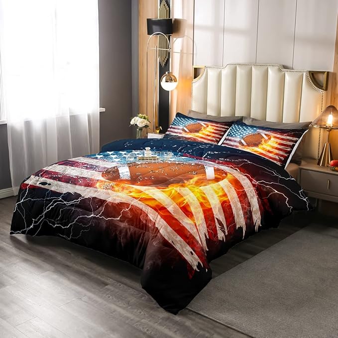 Boys American Football Comforter Set, United States Flag Down Comforter Queen Size, Soccer Sports Games Bedding Set for Kids Teens Adult Men, Geometric Stripes Retro Duvet Sets, Blue White and Red - LeafyLoom