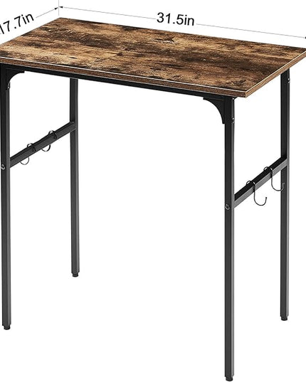 VECELO 32" Computer Writing Desk for Home Office, Study Table Workstation for Small Spaces with 4 Hooks & Adjustable Legs, Metal Frame,Brown, 32Inches - LeafyLoom