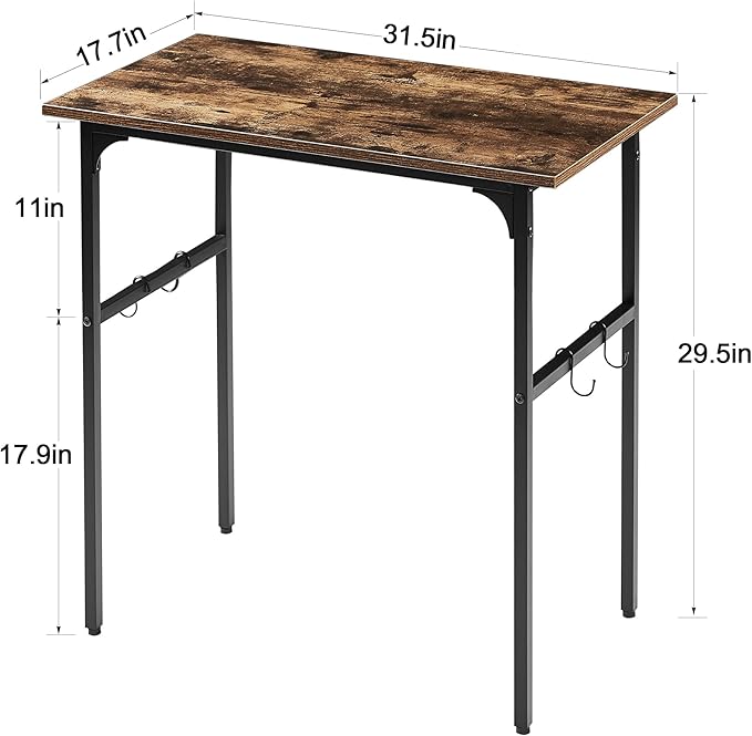 VECELO 32" Computer Writing Desk for Home Office, Study Table Workstation for Small Spaces with 4 Hooks & Adjustable Legs, Metal Frame,Brown, 32Inches - LeafyLoom