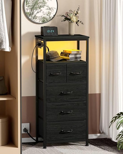 Furnulem Vertical Dresser with Charging Station and LED Lights, Black Chest of Drawers with Shelf and 5 Fabric Bins, Tall Nightstand for Entryway, Closet, Bedside Table, Wood Top, Bedroom Furniture - LeafyLoom