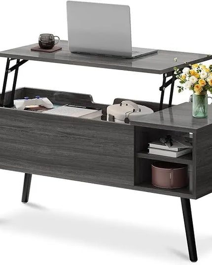 Lift Top Coffee Table with Storage - Grey Coffee Table with Lifting Top - Dark Gray Coffee Table Wood - Rectangle Coffee Tables That Lifts up for Living Room - LeafyLoom