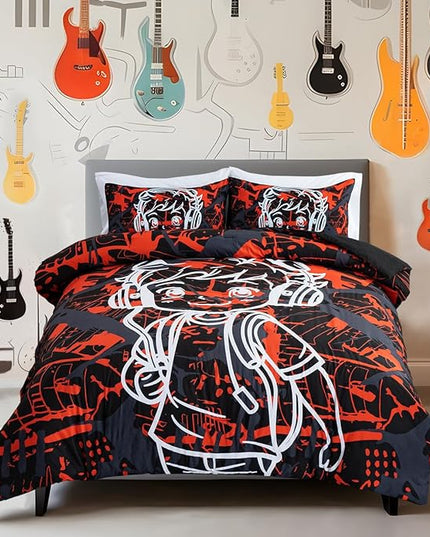 Btargot Colorful Camouflage Graffiti Style Comforter Set, 3 Piece Headphone Hip Hop Boy Line Pattern Bedding Set for Kids Boys Grils Teen, Twin Red - LeafyLoom