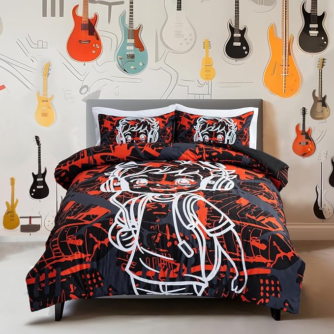 Btargot Colorful Camouflage Graffiti Style Comforter Set, 3 Piece Headphone Hip Hop Boy Line Pattern Bedding Set for Kids Boys Grils Teen, Twin Red - LeafyLoom
