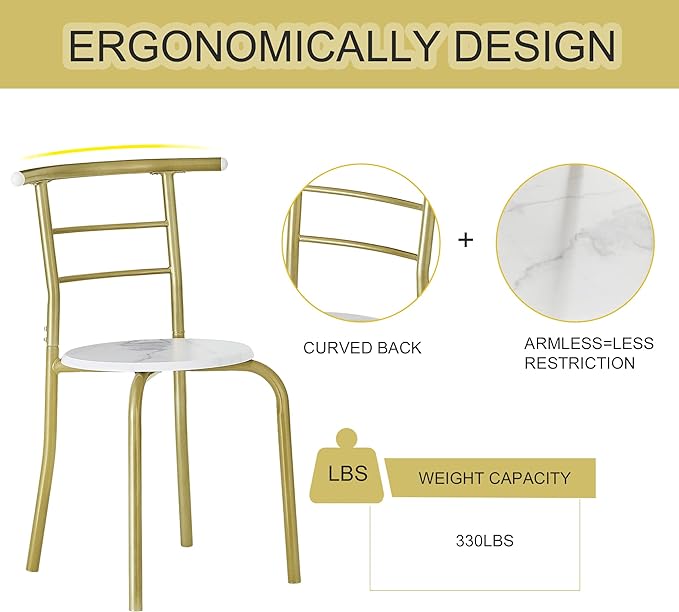 VECELO 3-Piece Dining Table Set for Kitchen Breakfast Nook, Wood Grain Oval Tabletop and Metal Frame with Built-in Wine Rack, for Small Spaces, 31.5", White & Gold - LeafyLoom