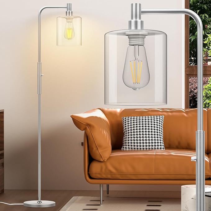 Stepless Dimmable Floor Lamps with Glass Lampshade Modern Standing Lamps with 6W LED Bulb Bright Corner Lamp Tall Pole Lamps for Living Room Bedroom Office Study Room Farmhouse, Silver - LeafyLoom