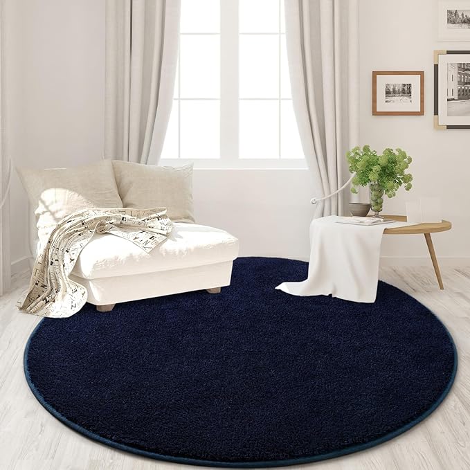Round Area Rugs for Bedroom Living Room, 5x5 Navy Blue Super Soft Comfy Thickened Memory-Foam Indoor Circle Carpets, Modern Aesthetic Minimalist Carpet for Boys Girls Adults Nursery Home Décor - LeafyLoom