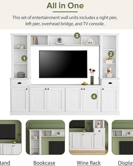 Merax Minimalist Entertainment Wall Unit Set with Bridge Ample Storage Space and Adjustable Shelves, TV Stand for Televisions Up to 75'', Modernist Large Media Console for Living Room, White - LeafyLoom