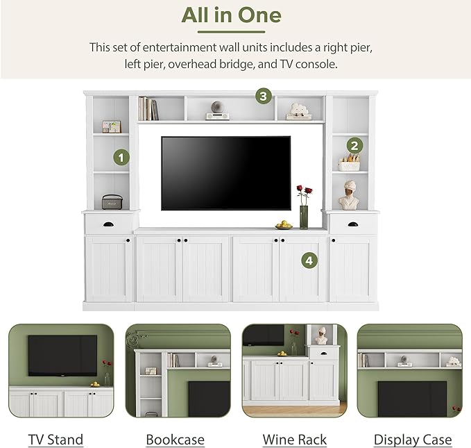 Merax Minimalist Entertainment Wall Unit Set with Bridge Ample Storage Space and Adjustable Shelves, TV Stand for Televisions Up to 75'', Modernist Large Media Console for Living Room, White - LeafyLoom